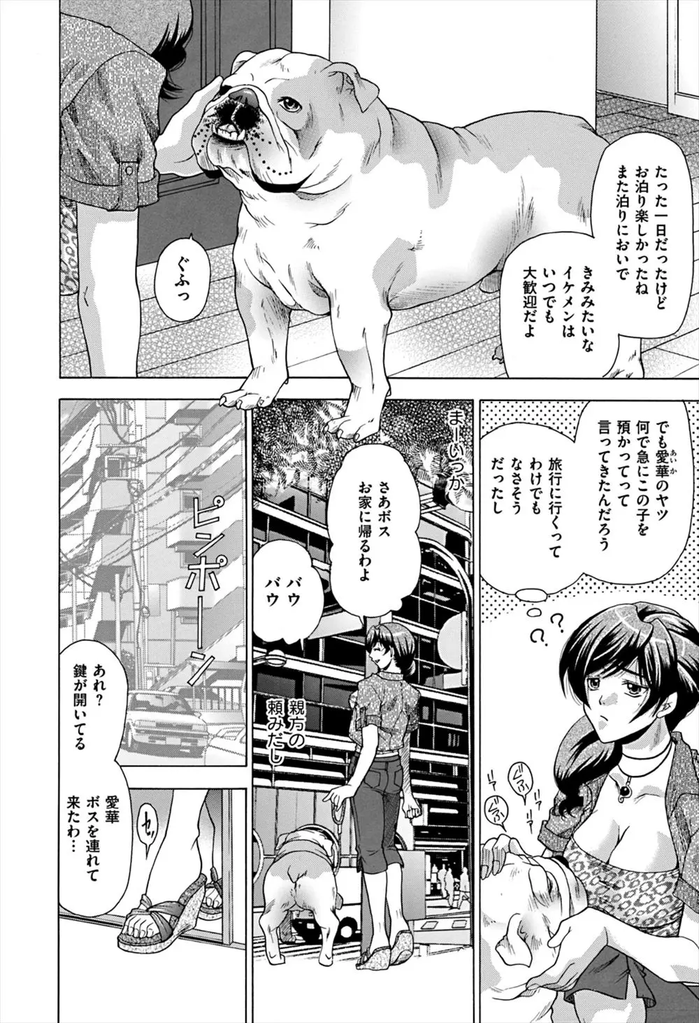 【エロ漫画】インポの旦那とセックスをする巨乳の奥さん！友達に拘束されて犬に獣姦されてアナルに犬のチンポをハメられてマンコに旦那のチンポをハメるｗｗｗ