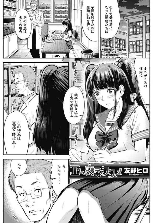 【エロ漫画】優等生のツインテール巨乳処女JKに交尾の仕方を教えて欲しいと頼まれ、勃起チンポを見せたら手コキとフェラされ口内射精、ごっくんしたJKをバックから生挿入中だしで交尾したった！