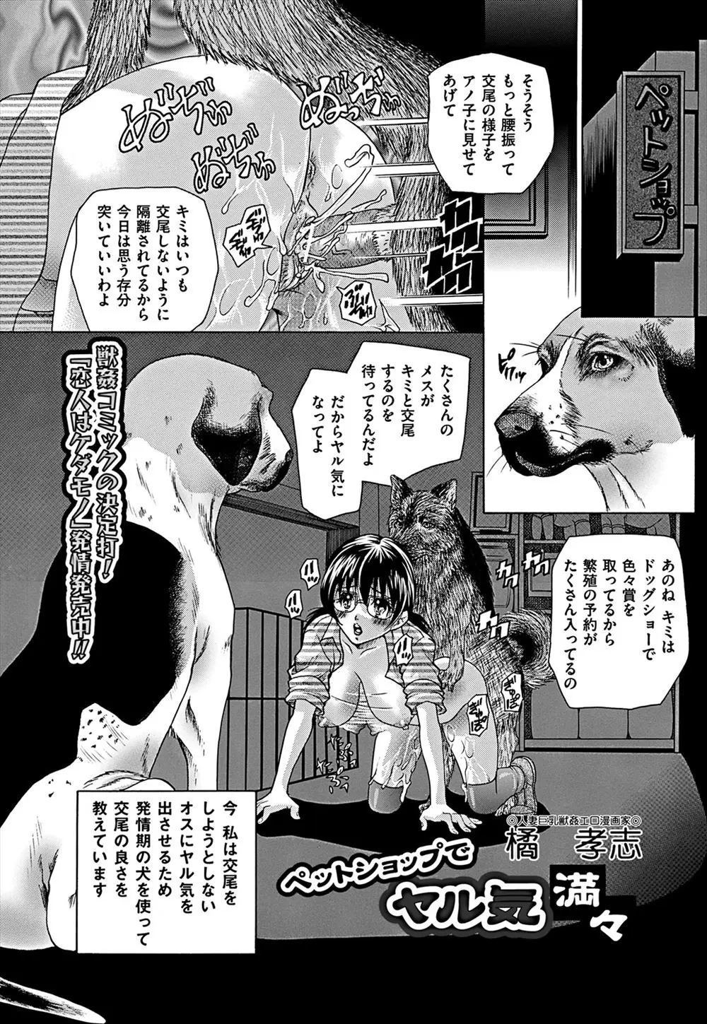 【エロ漫画】ペットショップの巨乳メガネお姉さんは交尾しようとしない犬にエッチを教えるために獣姦されてペニスをパイズリしたり中だしされたり犬と3Pプレイ！