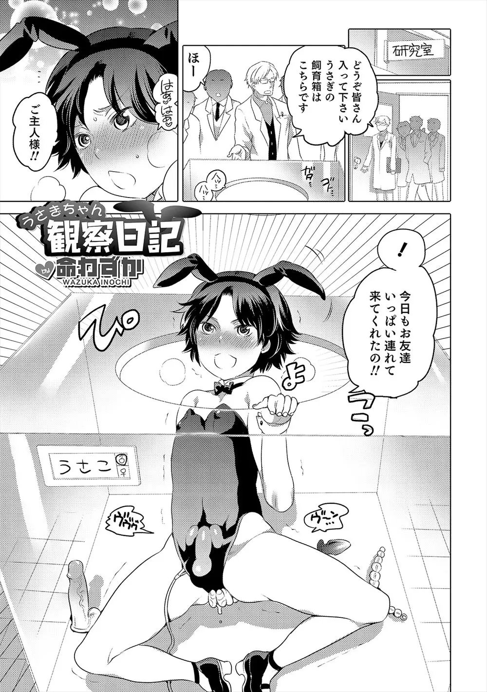 【エロ漫画】とてもイヤラシイ男の娘だったので妊娠出来るのでは無いかと色々な精子で実験されてしまう男の娘が箱に閉じ込められバニーガール姿で男のチンポを食べまくる！