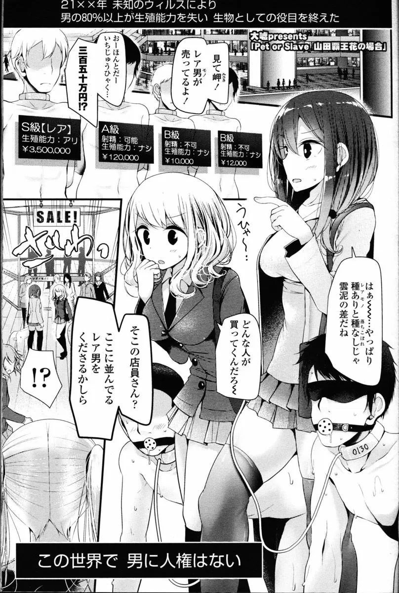 【エロ漫画】男の80％が生殖能力を失った世界、女に売り買いされ性奴隷にされる男たち、その中でも種付け出来る男はレアでドSお嬢様に買われたレア男が足コキやクンニ中だしして玉を潰される！